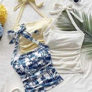 Stylish Halter Tops in White and Blue Floral